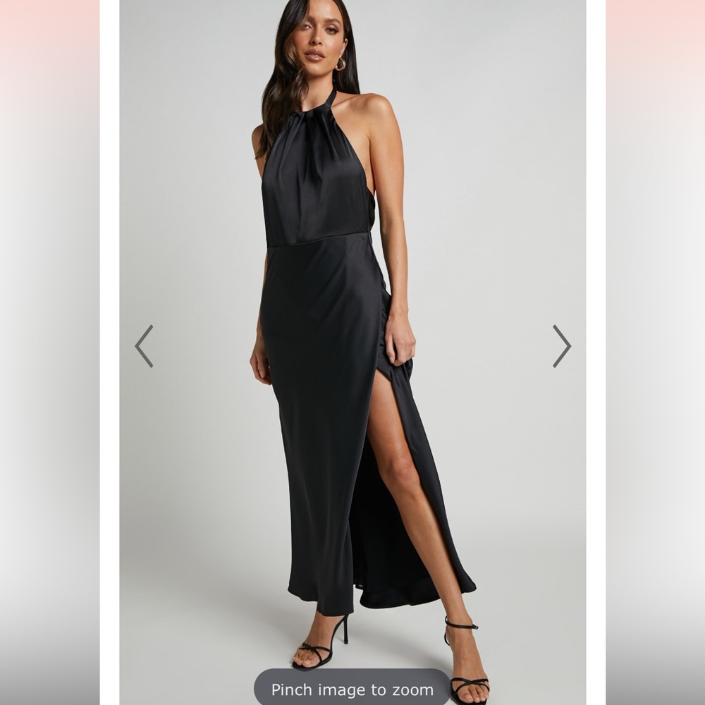 Showpo black satin halter backless dress